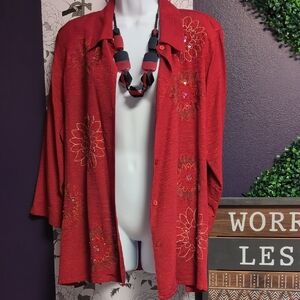 Alfred Dunner Red Silk Floral Button Down Shirt